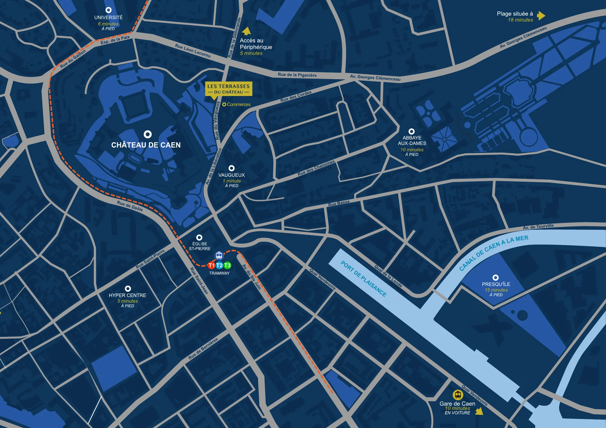 Carte du quartier : Les Terrasses du Château, le Vaugueux, le Château de Caen, Saint-Pierre et la gare