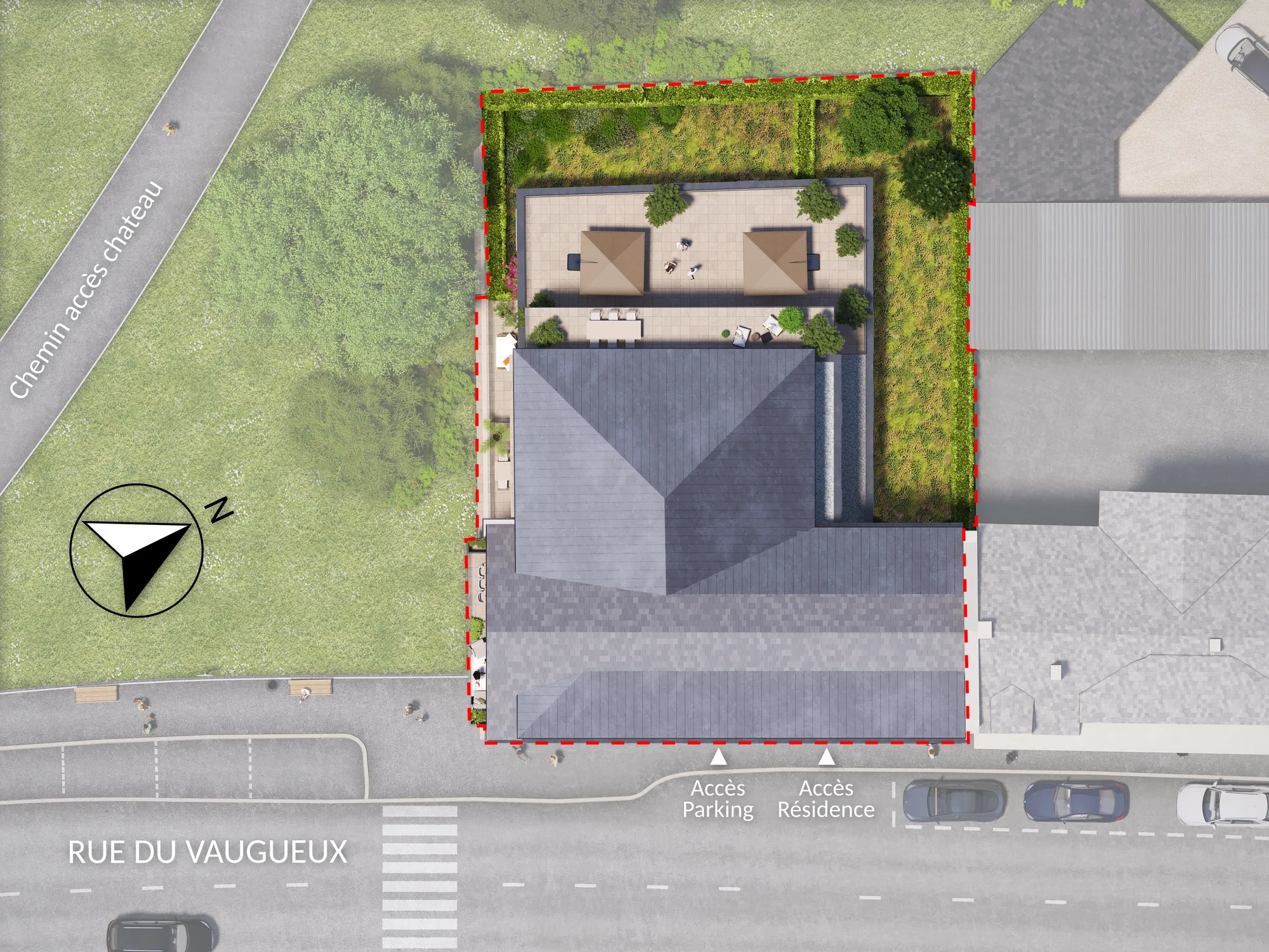 Plan de masse de la résidence, rue du Vaugueux, chemin vers le parc du Château